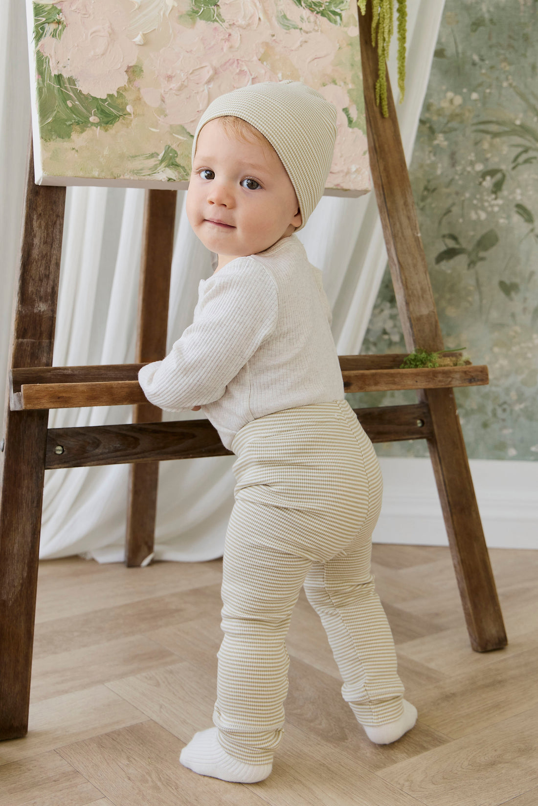Organic Cotton Fine Rib Wiley Legging - Petite Stripe Hay/Cloud Childrens Legging from Jamie Kay NZ