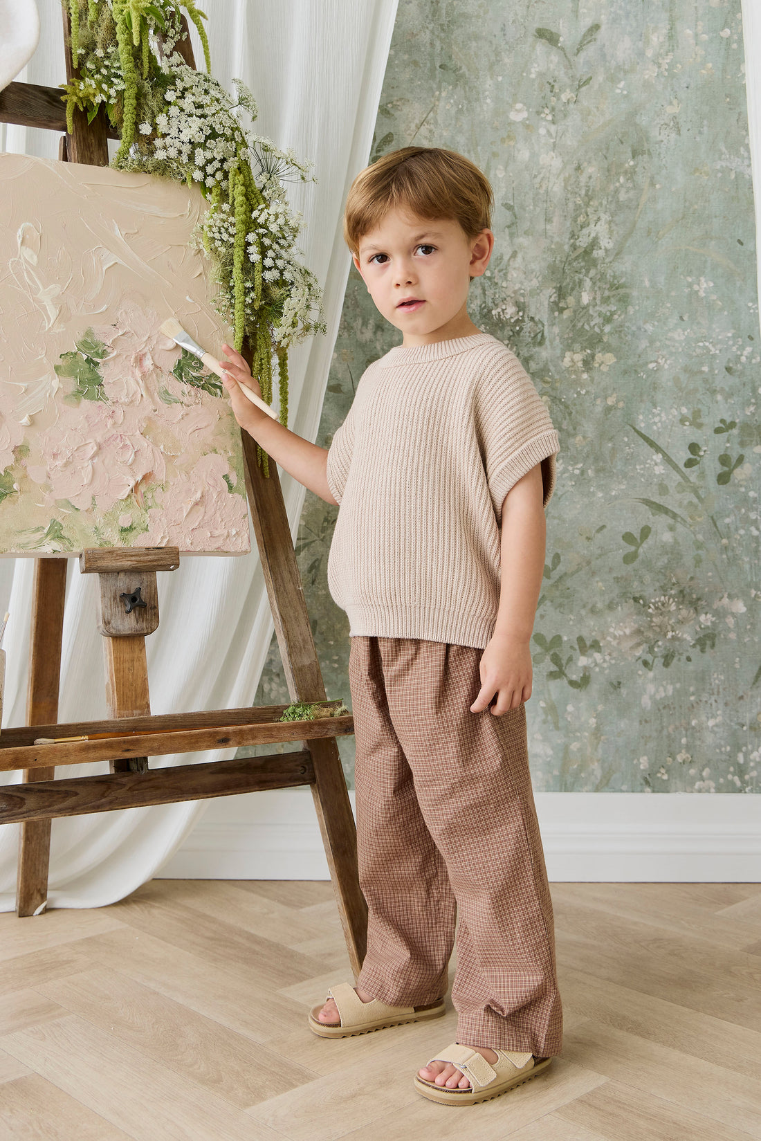 Organic Cotton Kenji Pant - Double Windowpane Check Oud/Hay Childrens Pant from Jamie Kay NZ