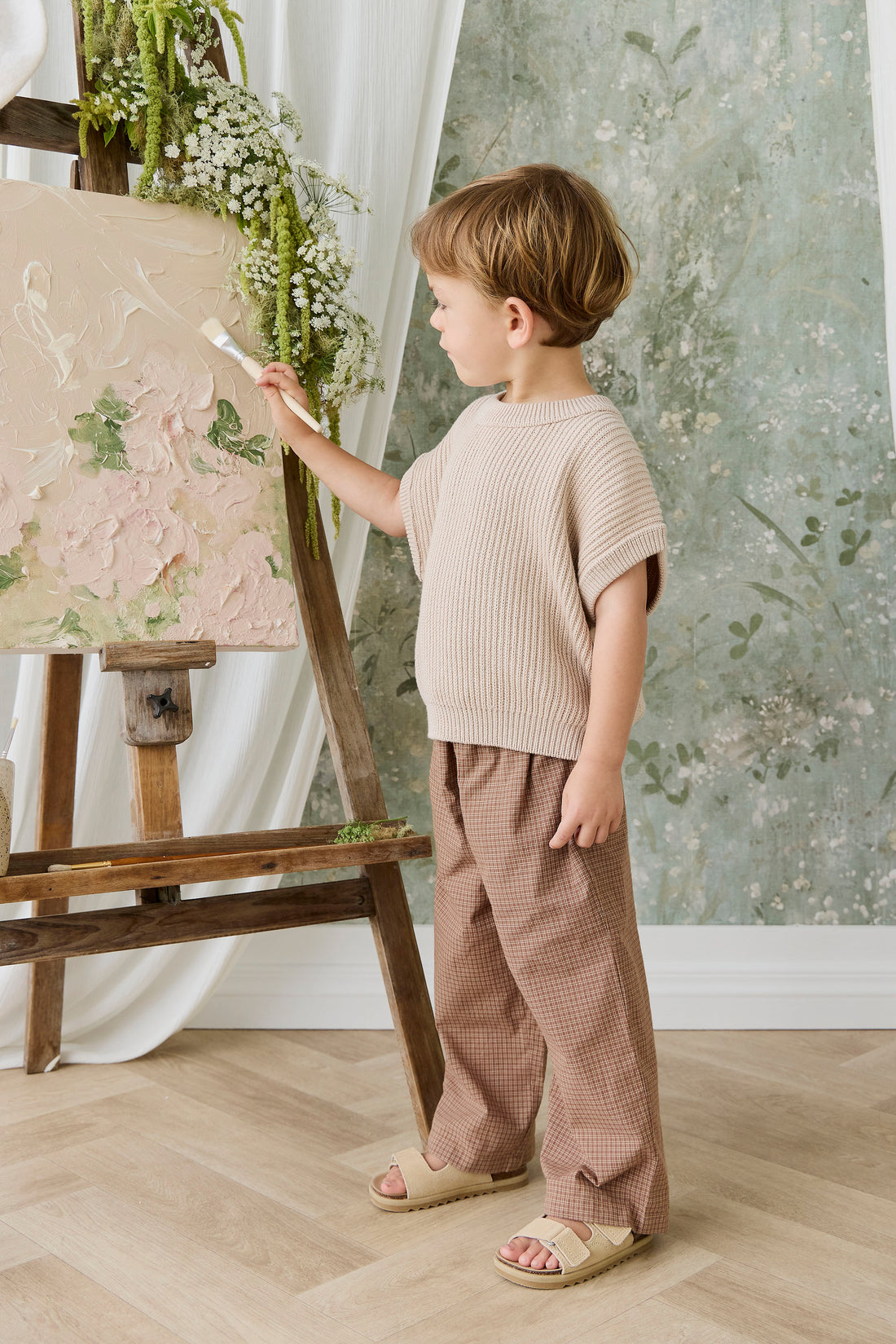 Organic Cotton Kenji Pant - Double Windowpane Check Oud/Hay Childrens Pant from Jamie Kay NZ