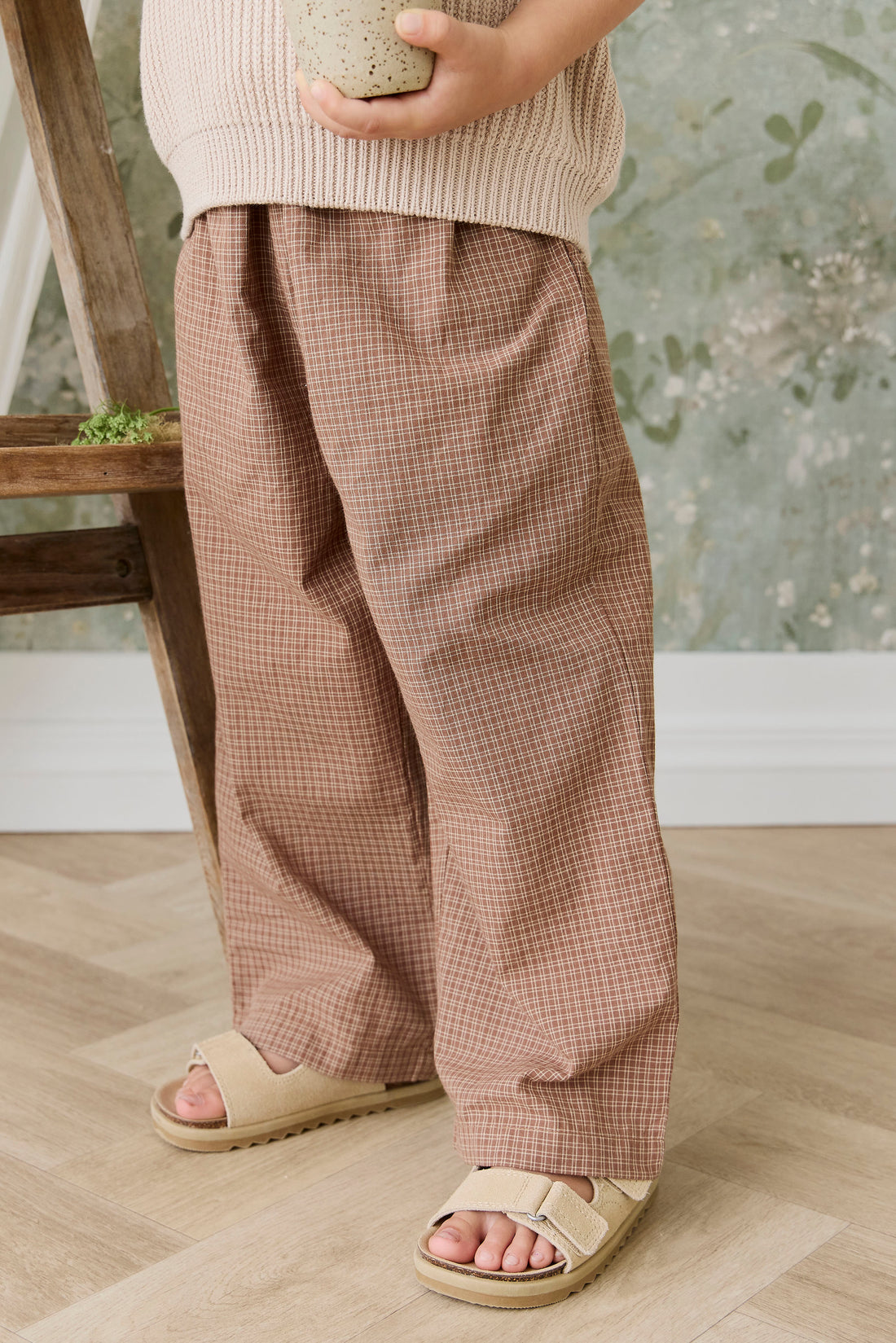 Organic Cotton Kenji Pant - Double Windowpane Check Oud/Hay Childrens Pant from Jamie Kay NZ