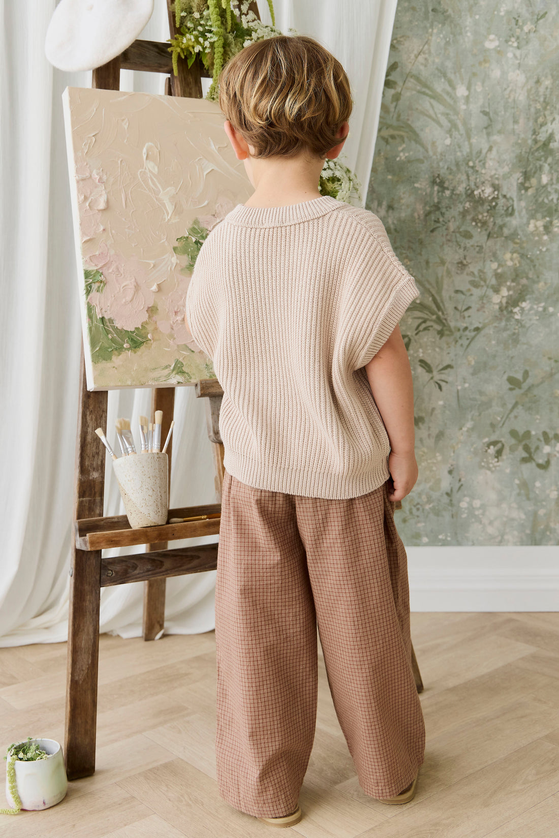 Organic Cotton Kenji Pant - Double Windowpane Check Oud/Hay Childrens Pant from Jamie Kay NZ