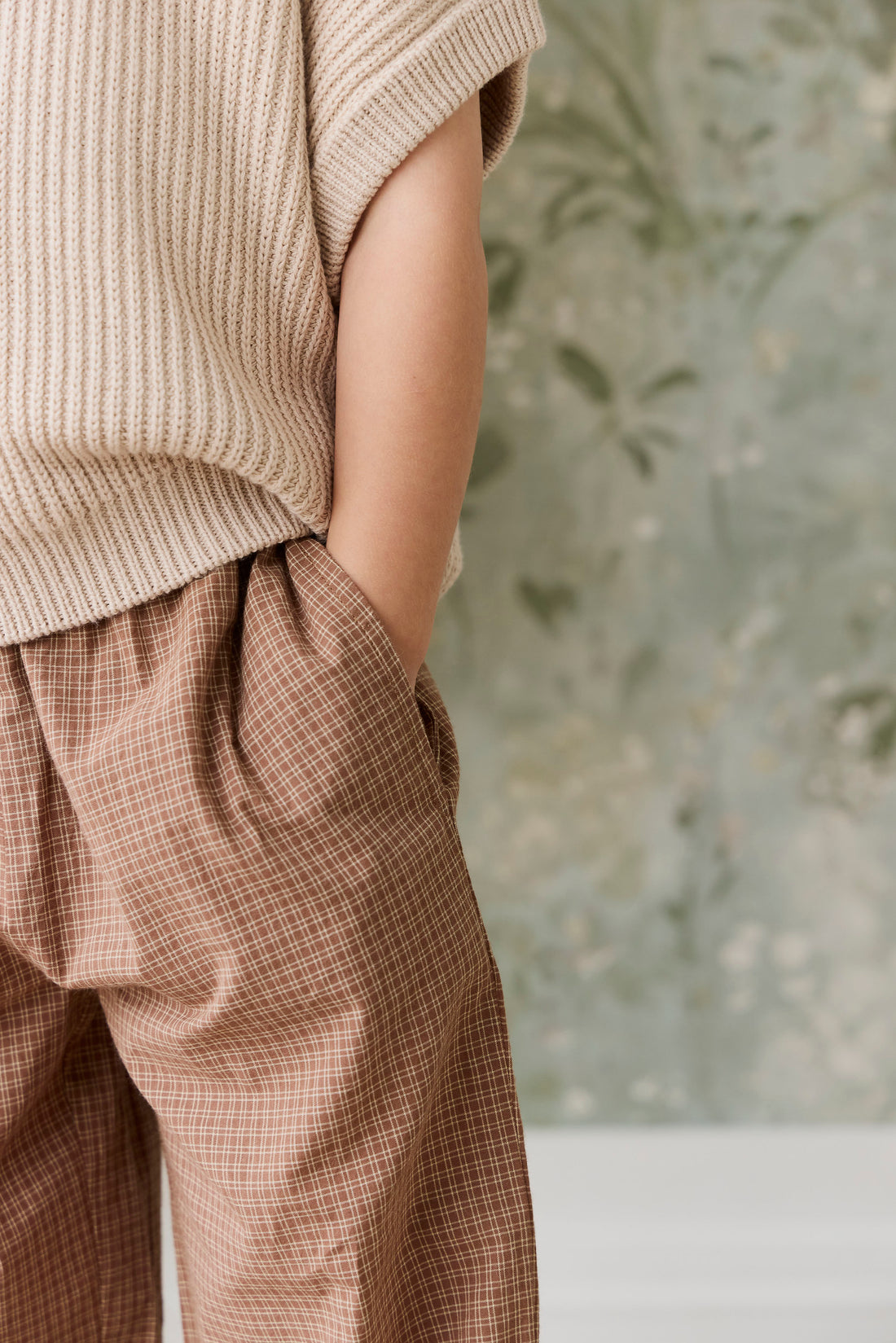 Organic Cotton Kenji Pant - Double Windowpane Check Oud/Hay Childrens Pant from Jamie Kay NZ