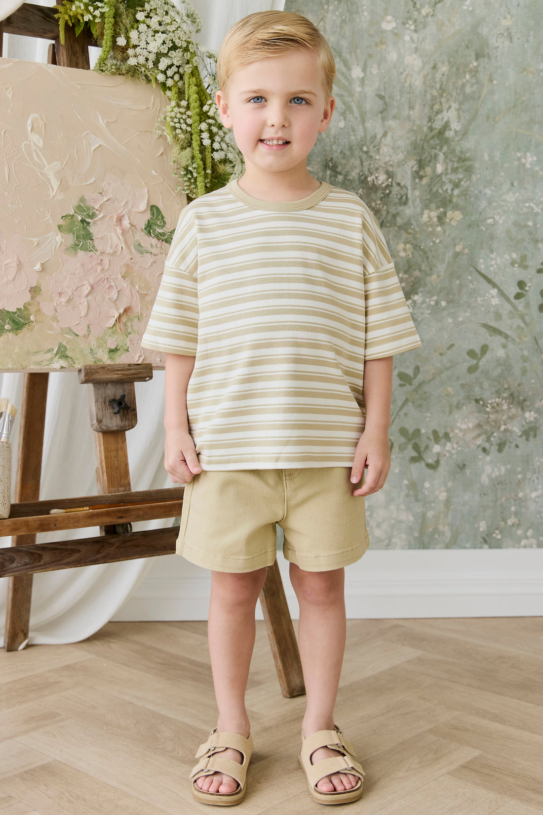 Pima Cotton Wesley Tee - Double Stripe Hay/Cloud Childrens Top from Jamie Kay NZ