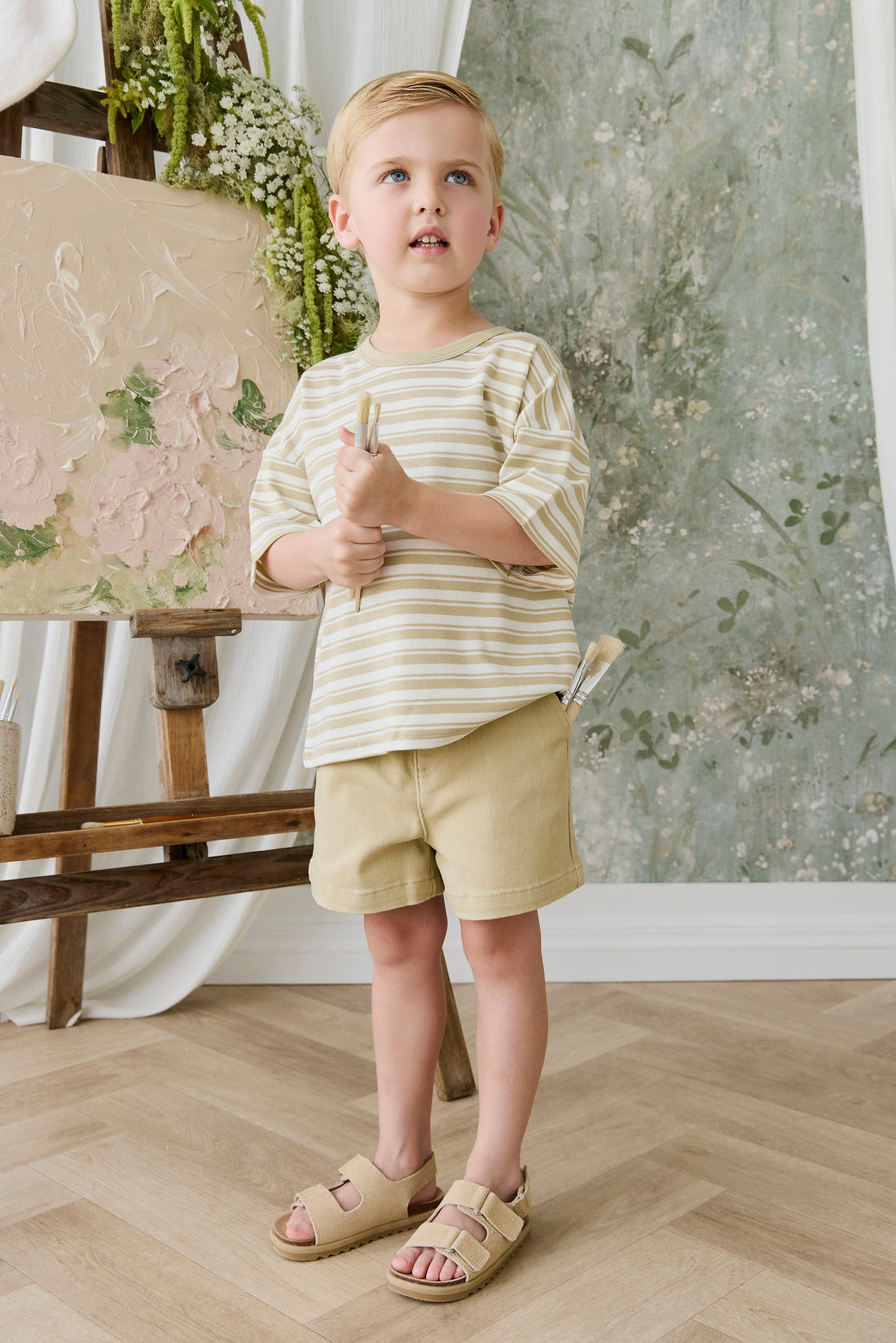 Pima Cotton Wesley Tee - Double Stripe Hay/Cloud Childrens Top from Jamie Kay NZ