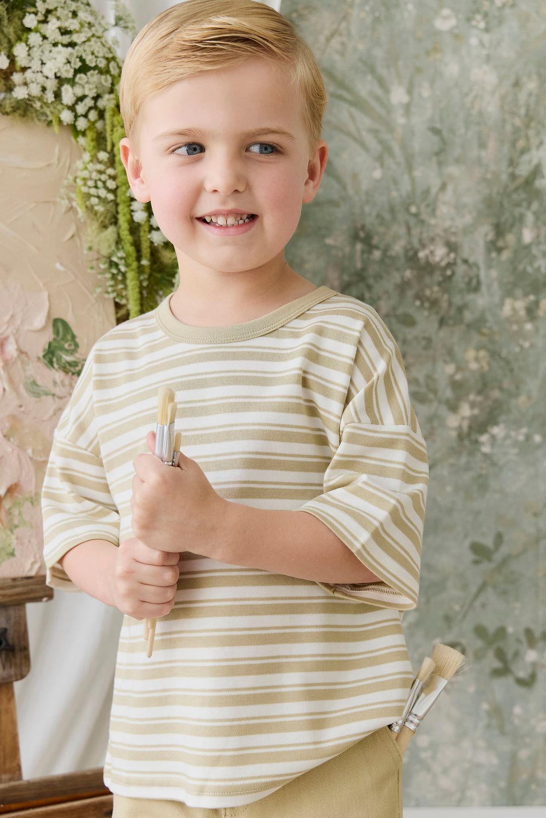Pima Cotton Wesley Tee - Double Stripe Hay/Cloud Childrens Top from Jamie Kay NZ