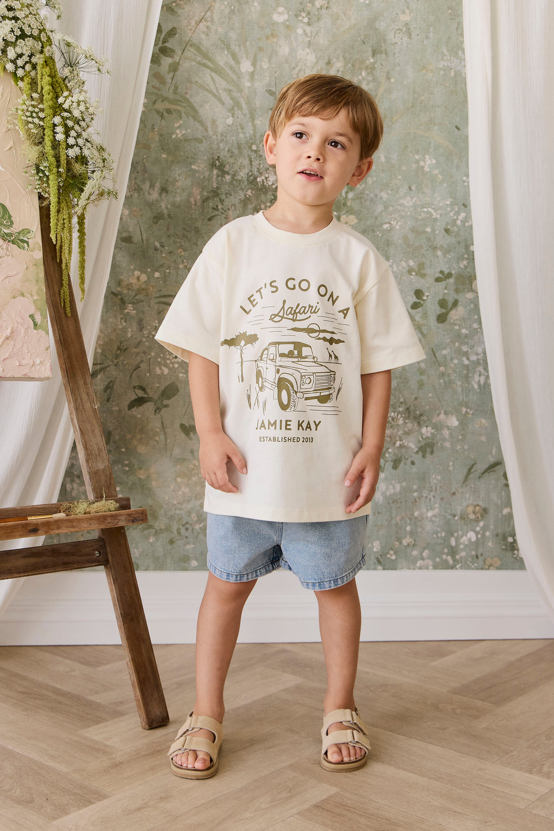Organic Cotton Bjorn Tee - Parchment Safari Truck Childrens Top from Jamie Kay NZ