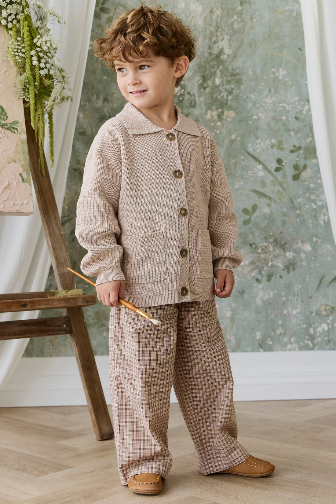 Organic Cotton Kenji Pant - Cabin Check Cocoa Childrens Pant from Jamie Kay NZ