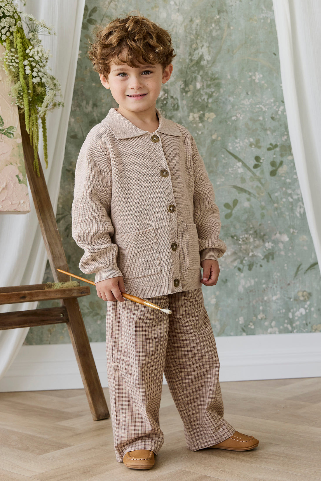 Organic Cotton Kenji Pant - Cabin Check Cocoa Childrens Pant from Jamie Kay NZ