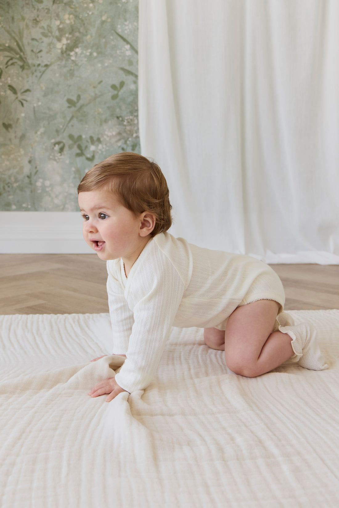 Organic Cotton Pointelle Marina Bodysuit - Parchment Childrens Bodysuit from Jamie Kay NZ