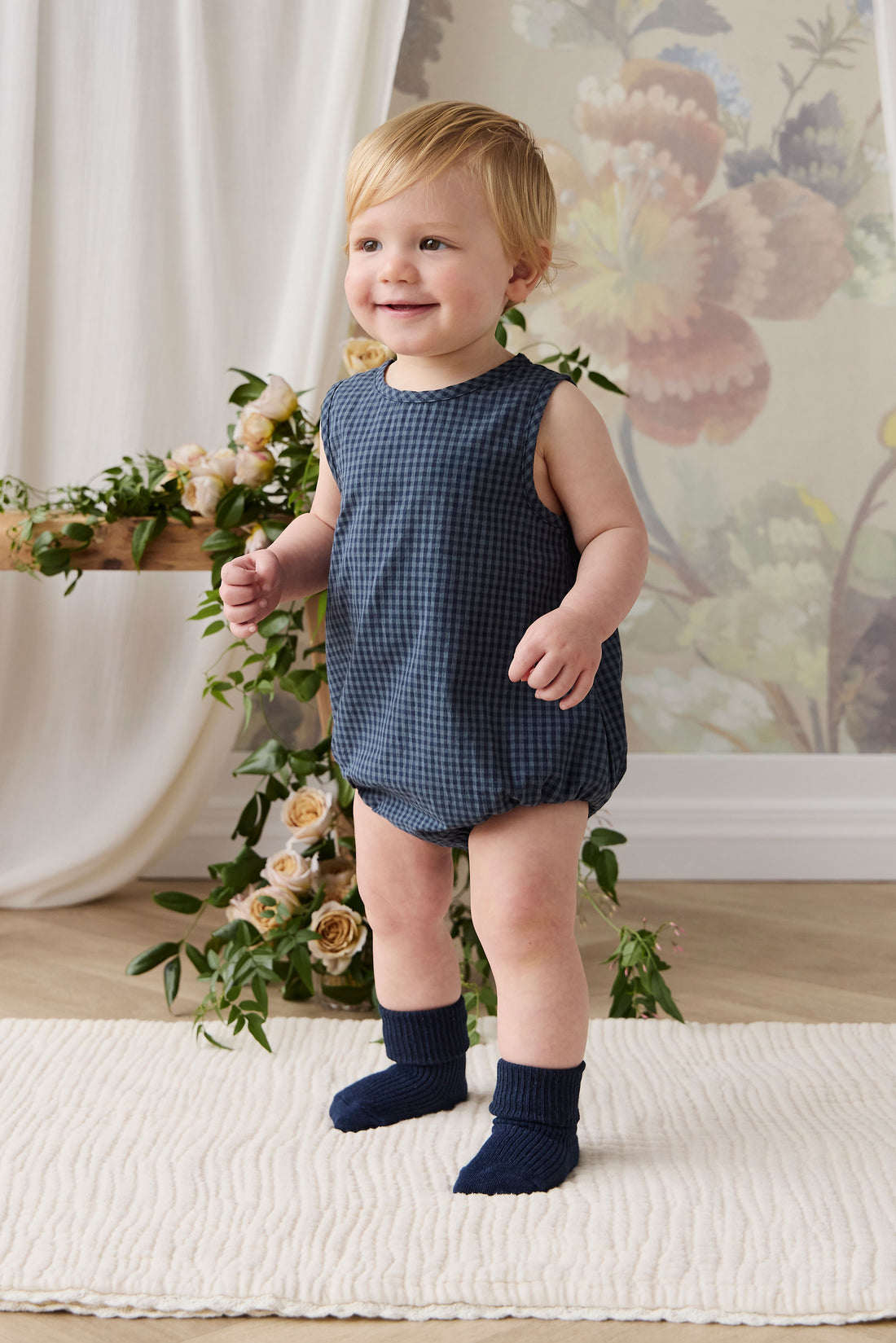 Organic Cotton Bentley Playsuit - Tiny Gingham Maritime Childrens Playsuit from Jamie Kay NZ