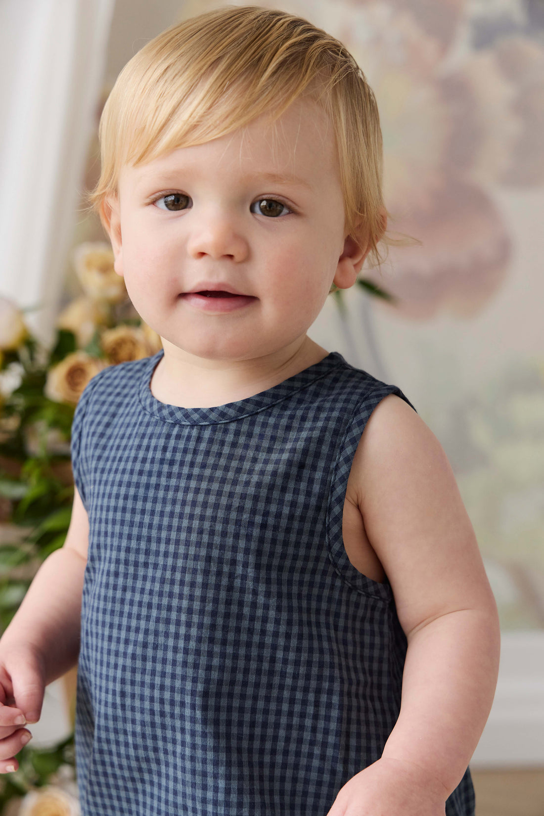 Organic Cotton Bentley Playsuit - Tiny Gingham Maritime Childrens Playsuit from Jamie Kay NZ