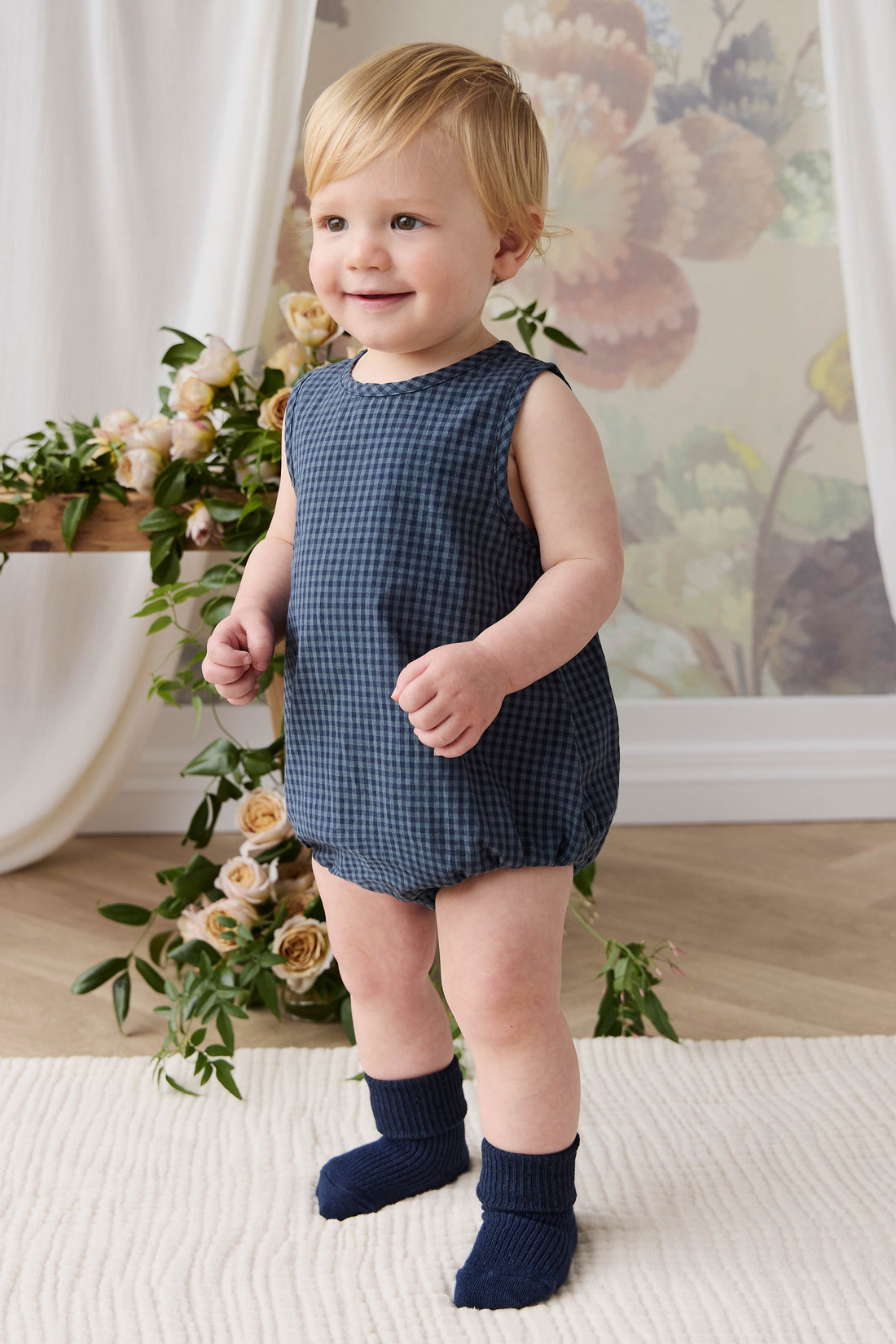 Organic Cotton Bentley Playsuit - Tiny Gingham Maritime Childrens Playsuit from Jamie Kay NZ