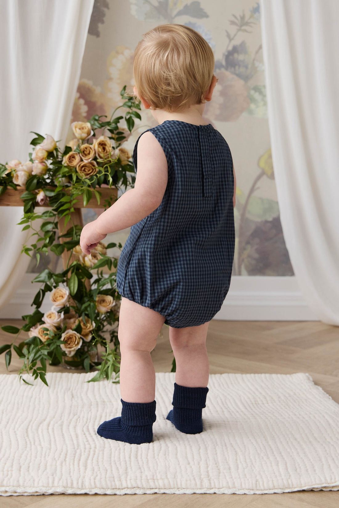 Organic Cotton Bentley Playsuit - Tiny Gingham Maritime Childrens Playsuit from Jamie Kay NZ