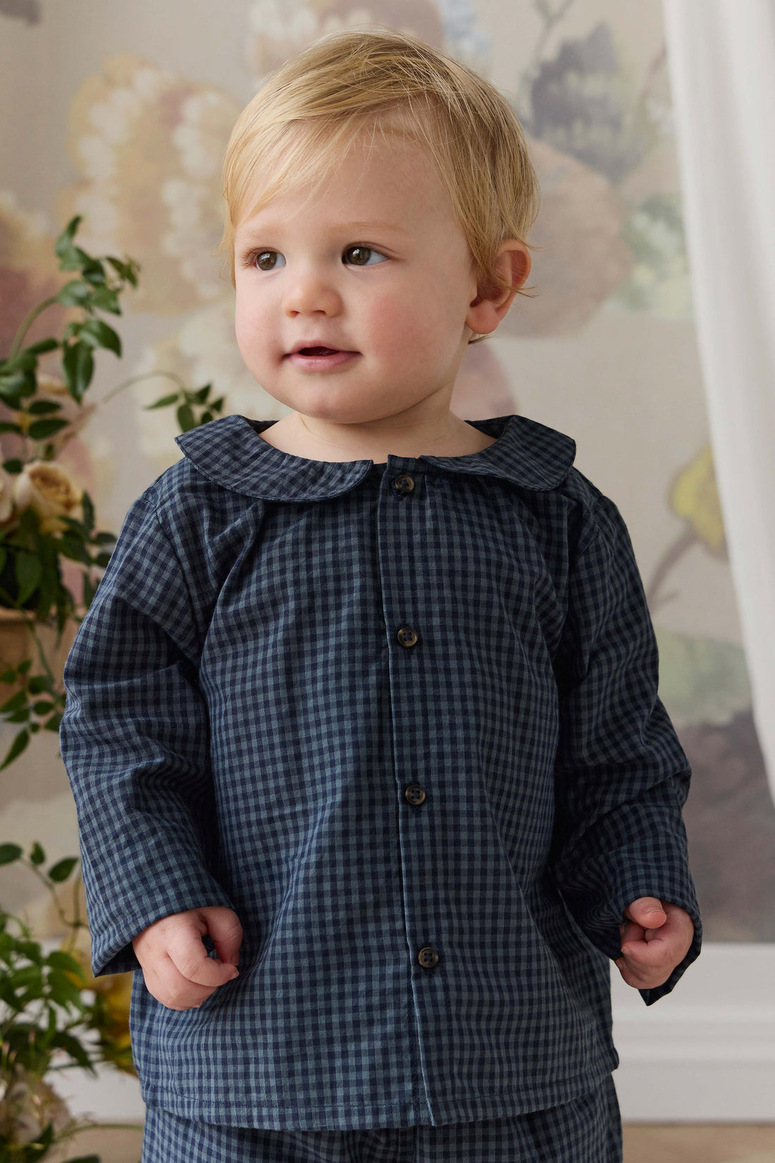 Organic Cotton Gabriel Top - Tiny Gingham Maritime Childrens Top from Jamie Kay NZ