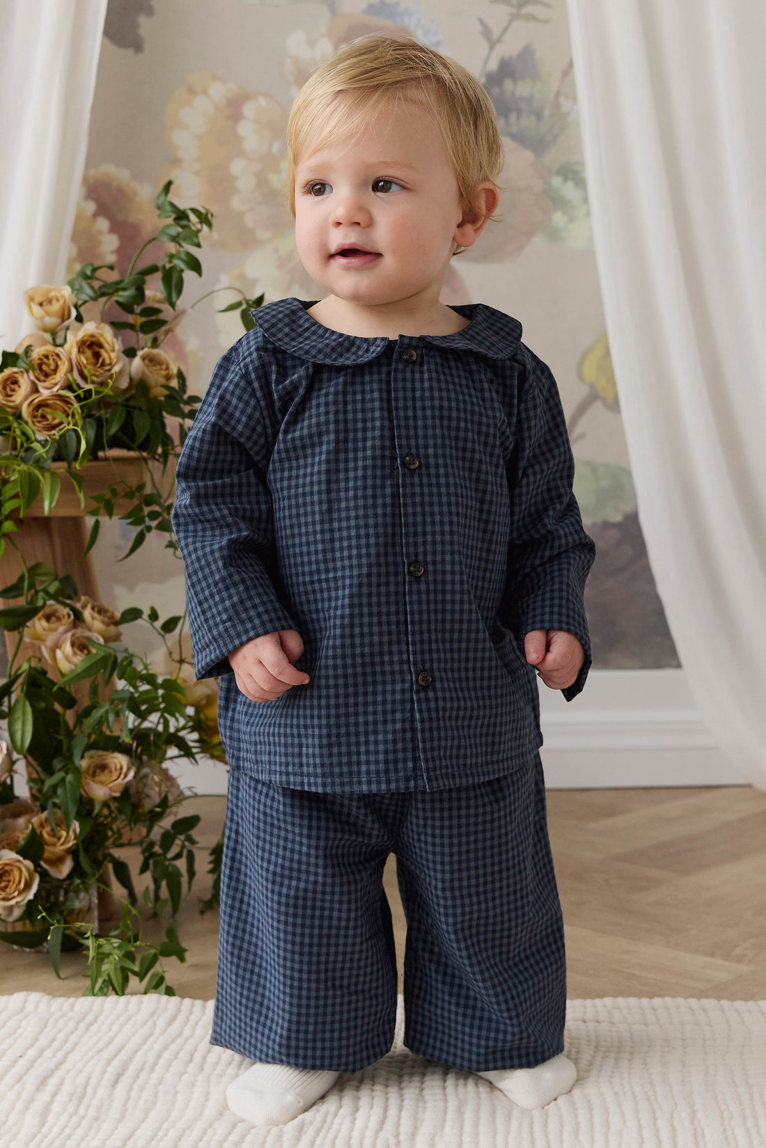 Organic Cotton Kenji Pant - Tiny Gingham Maritime Childrens Pant from Jamie Kay NZ