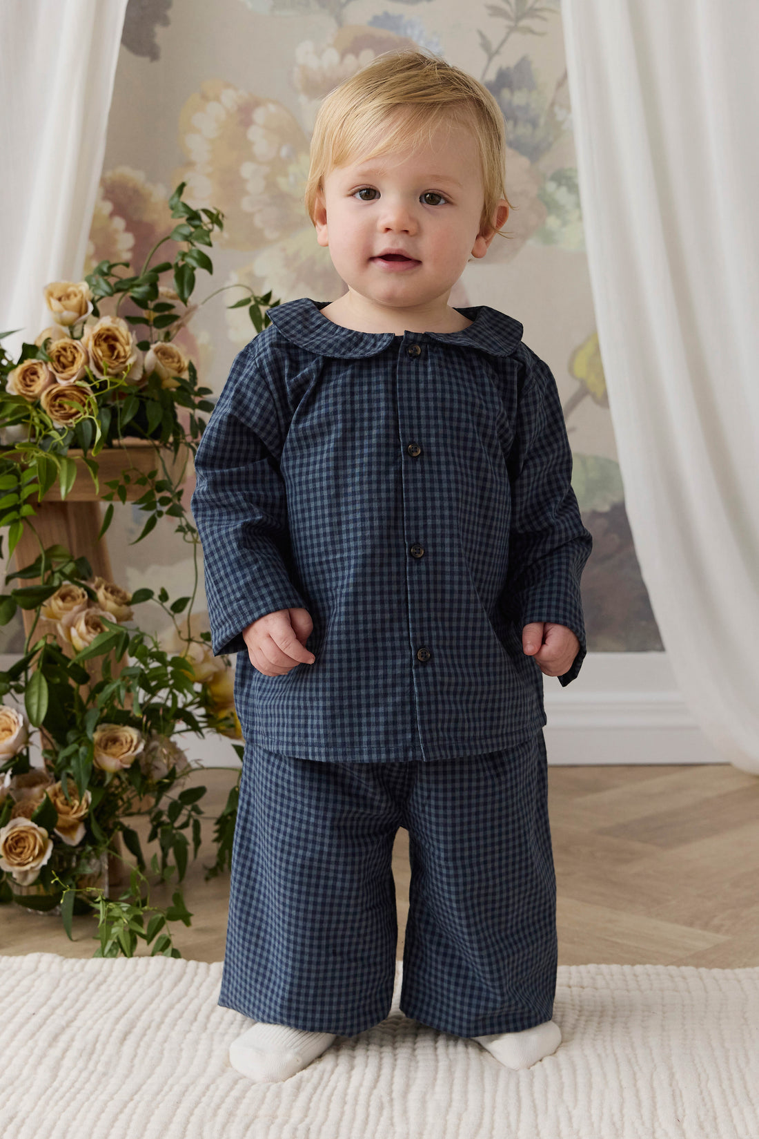 Organic Cotton Kenji Pant - Tiny Gingham Maritime Childrens Pant from Jamie Kay NZ