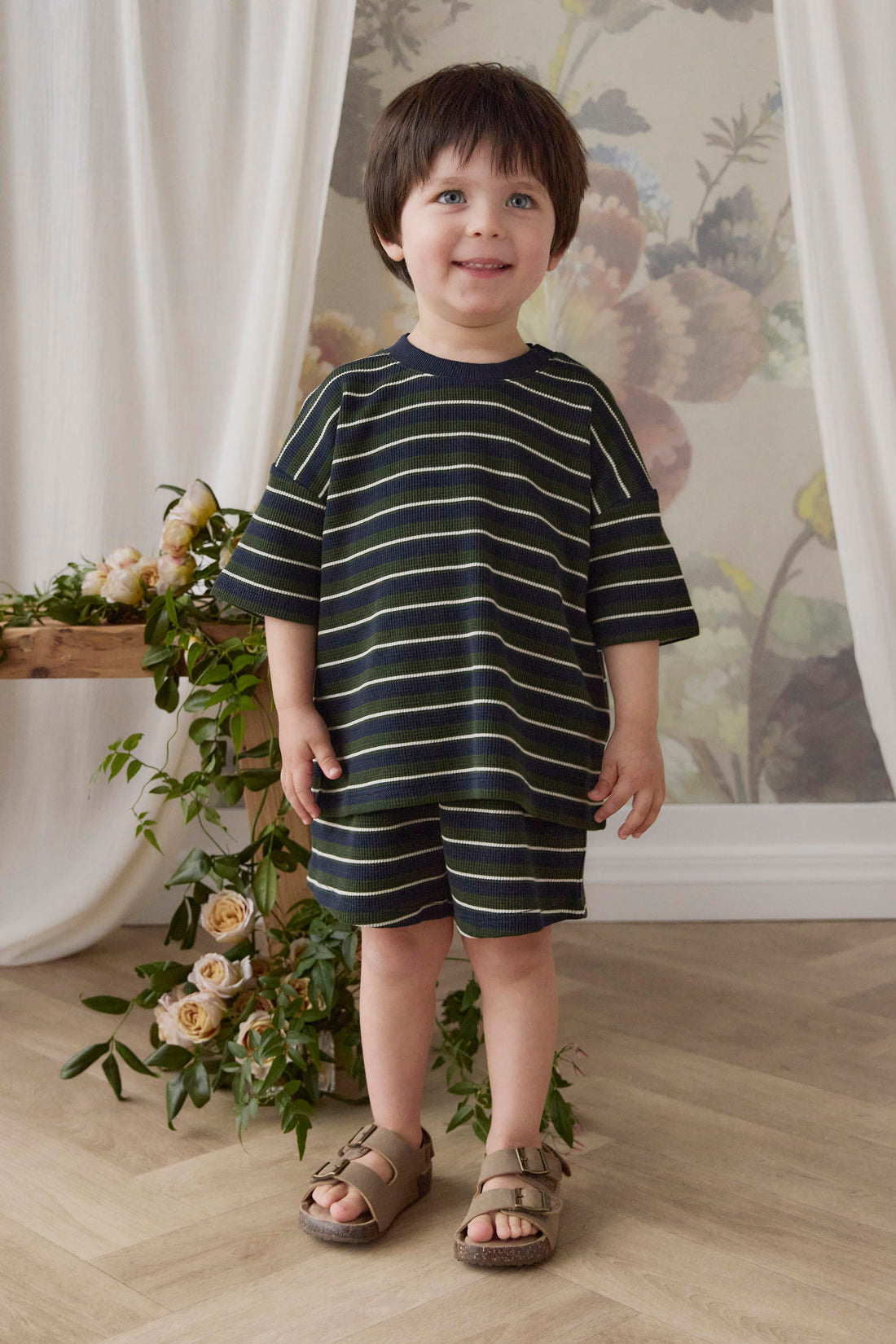 Organic Cotton Waffle Leith Tee - Maritime Grandeur Stripe Childrens Top from Jamie Kay NZ
