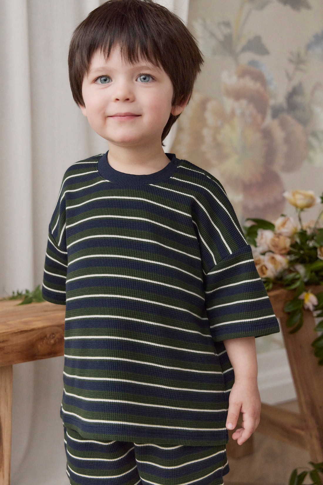 Organic Cotton Waffle Leith Tee - Maritime Grandeur Stripe Childrens Top from Jamie Kay NZ