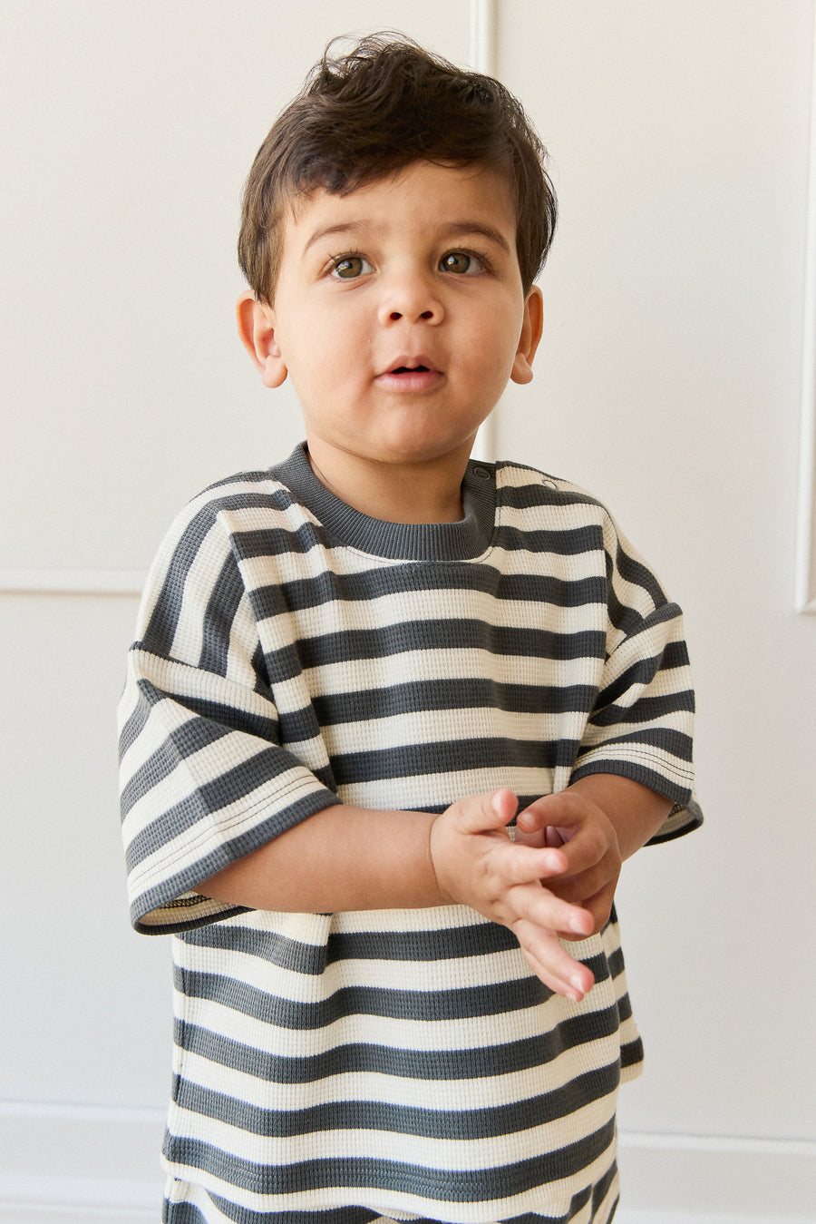 Organic Cotton Waffle Leith Tee - Oliver Stripe Atlantic/Cloud Childrens Top from Jamie Kay NZ