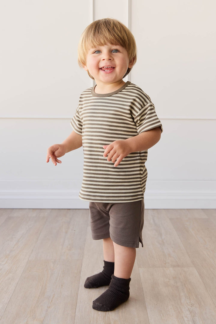 Pima Cotton Hunter Tee - Narrow Stripe Brownie/Biscuit Childrens Top from Jamie Kay NZ