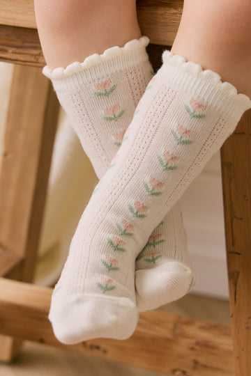 Ines Knee High Sock - Ines Floral Egret Childrens Sock from Jamie Kay NZ