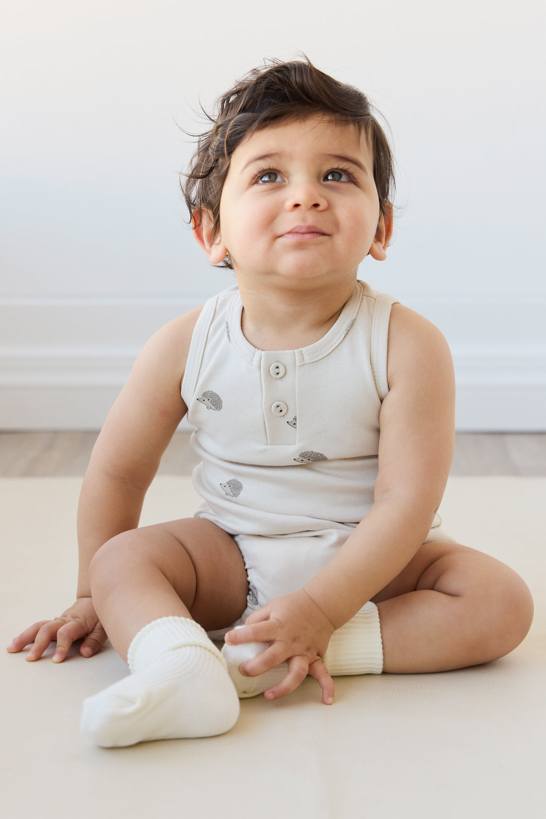 Pima Cotton Noah Playsuit - Henry Hedgehog Birch Childrens Playsuit from Jamie Kay NZ