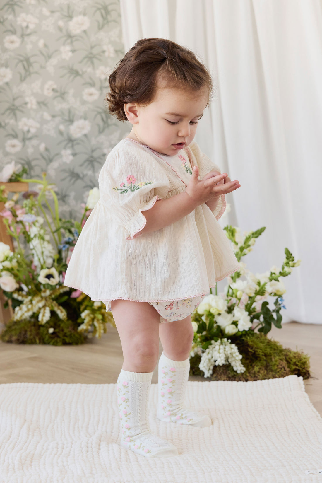 Amelia Knee High Sock - Amelia Flower Jacquard Parchment Childrens Socks from Jamie Kay NZ