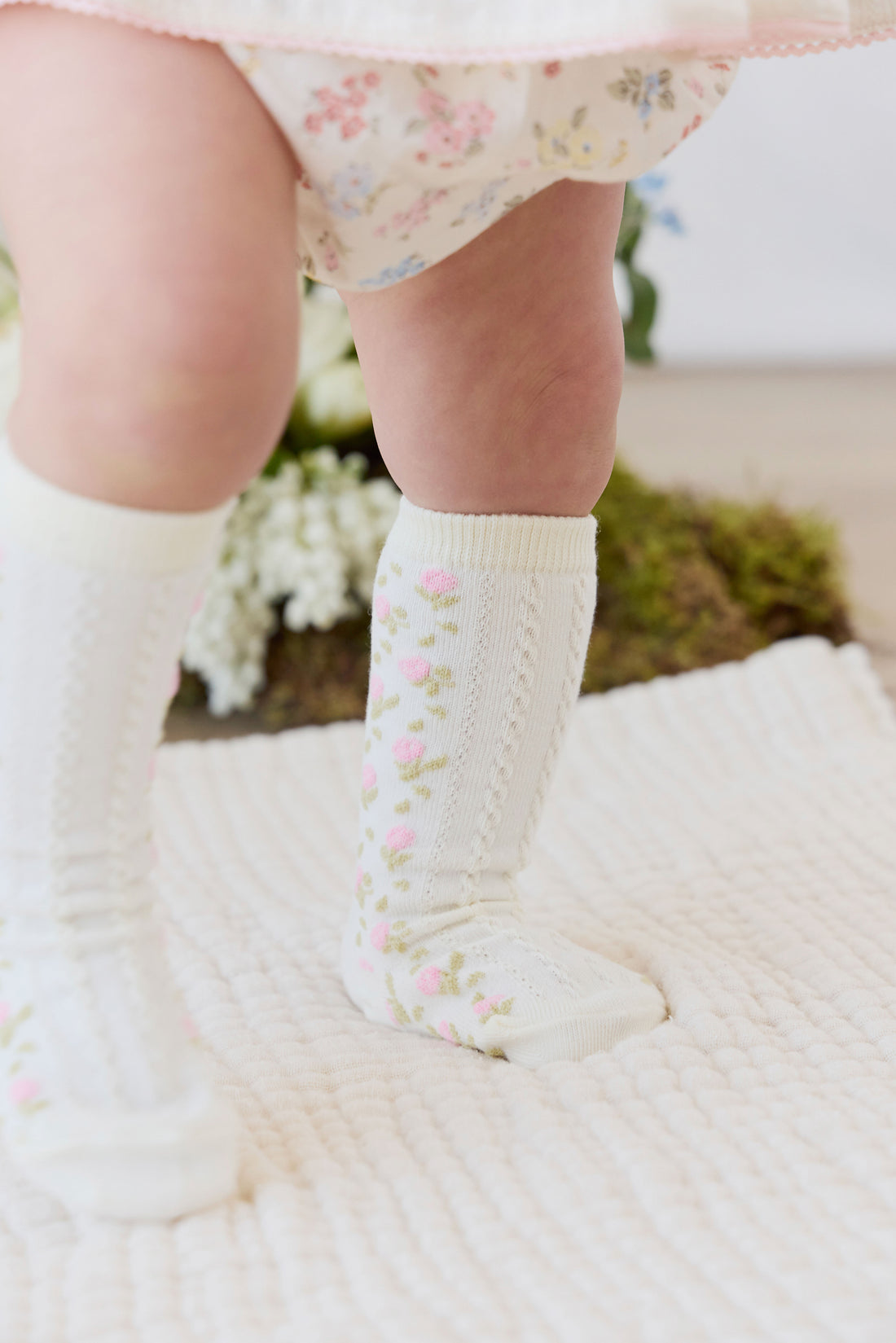 Amelia Knee High Sock - Amelia Flower Jacquard Parchment Childrens Socks from Jamie Kay NZ