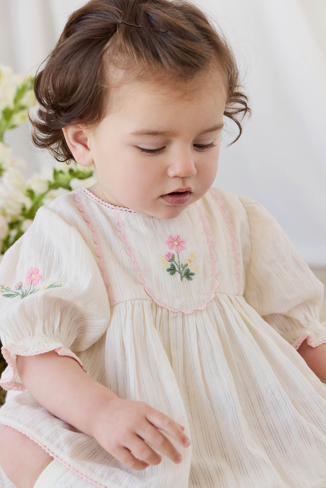 Organic Cotton Whitley Top - Vanilla Embroidery Pink Childrens Top from Jamie Kay NZ