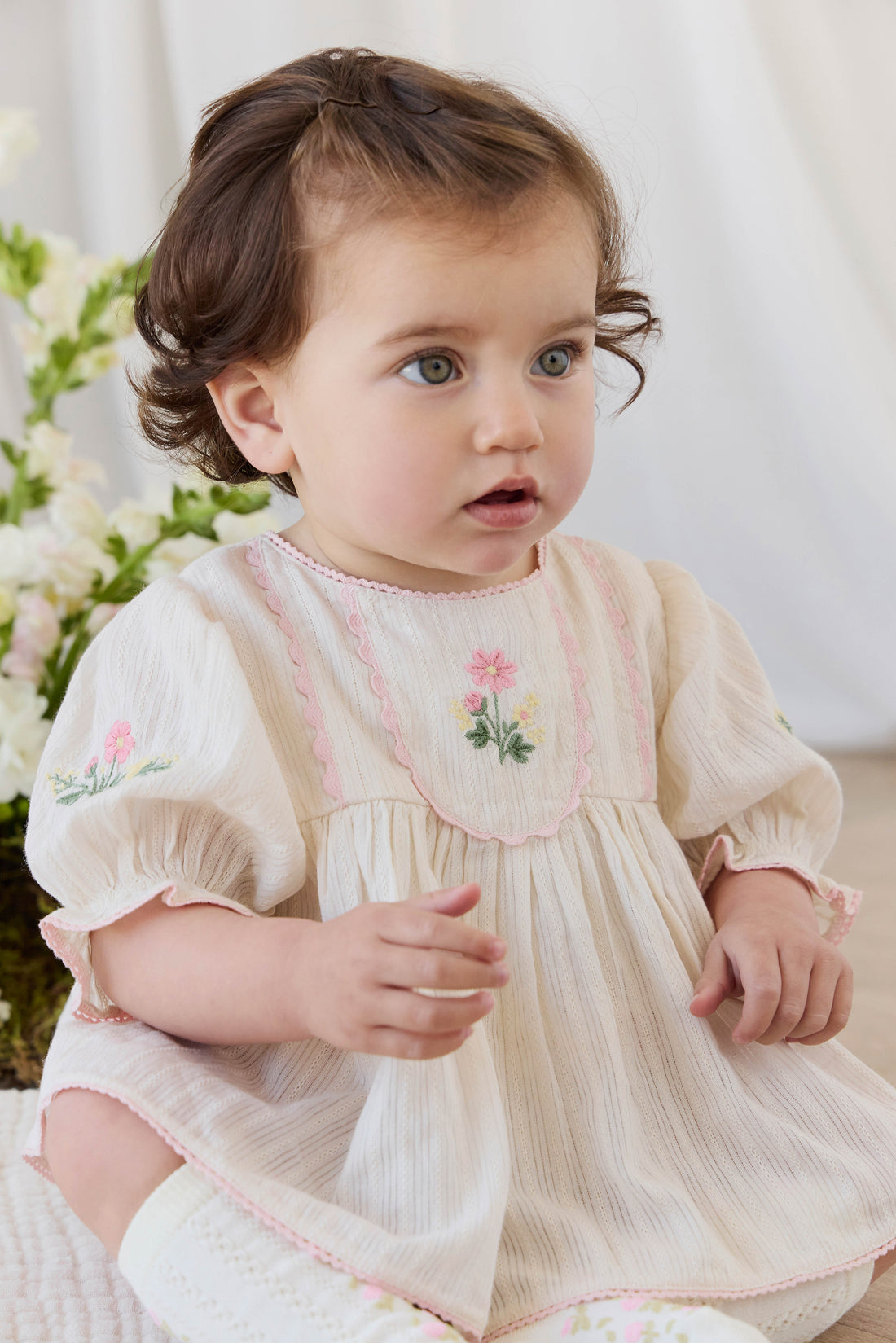 Organic Cotton Whitley Top - Vanilla Embroidery Pink Childrens Top from Jamie Kay NZ