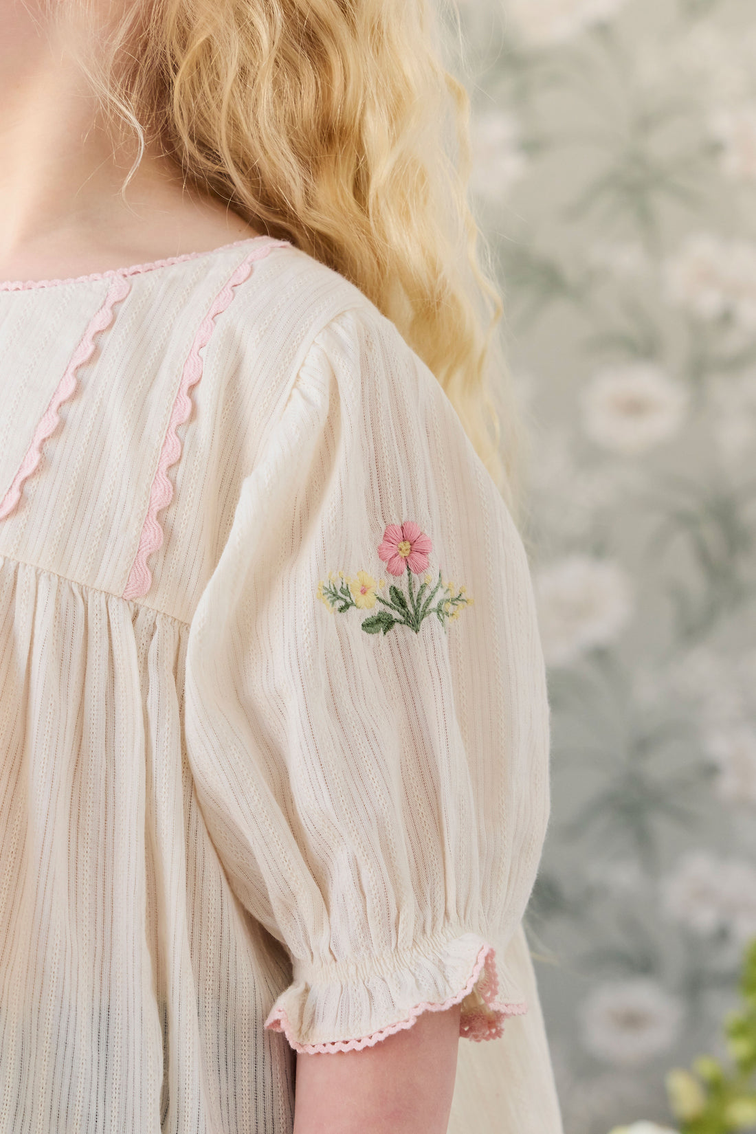 Organic Cotton Whitley Top - Vanilla Embroidery Pink Childrens Top from Jamie Kay NZ