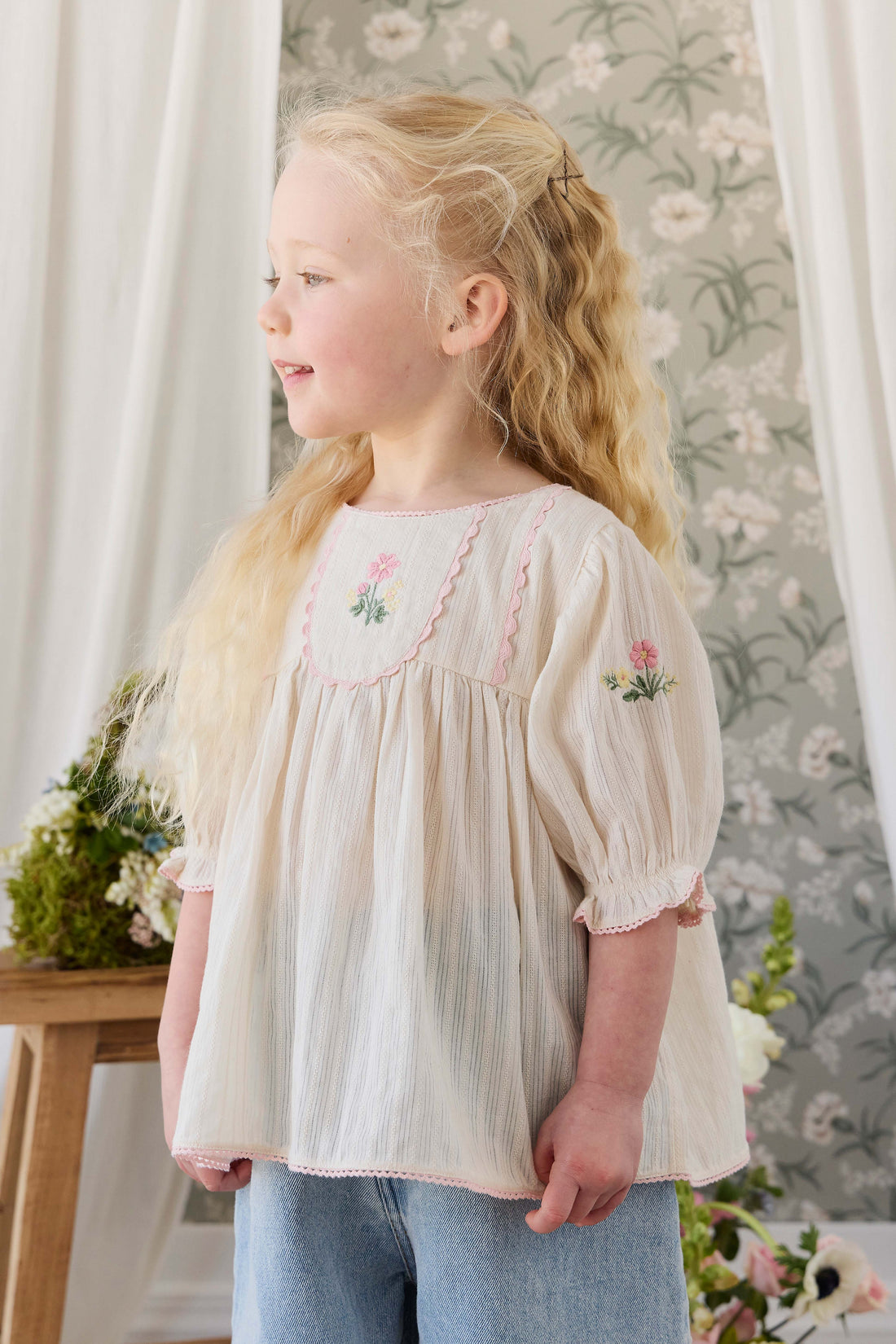 Organic Cotton Whitley Top - Vanilla Embroidery Pink Childrens Top from Jamie Kay NZ