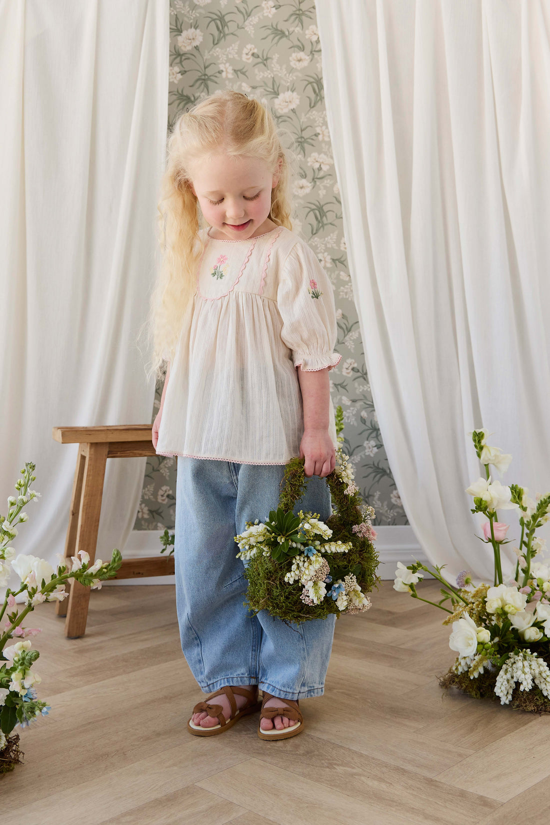 Organic Cotton Whitley Top - Vanilla Embroidery Pink Childrens Top from Jamie Kay NZ