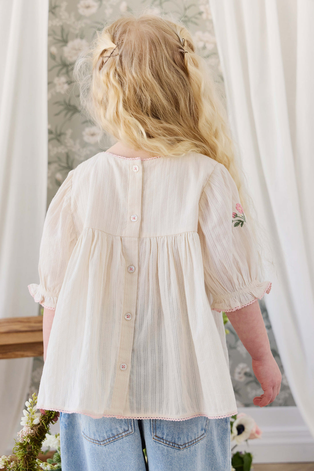 Organic Cotton Whitley Top - Vanilla Embroidery Pink Childrens Top from Jamie Kay NZ