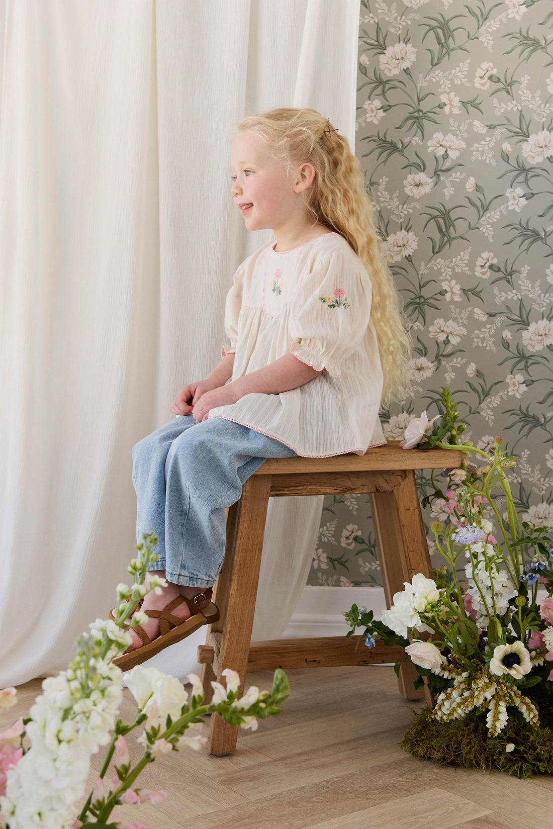 Organic Cotton Whitley Top - Vanilla Embroidery Pink Childrens Top from Jamie Kay NZ