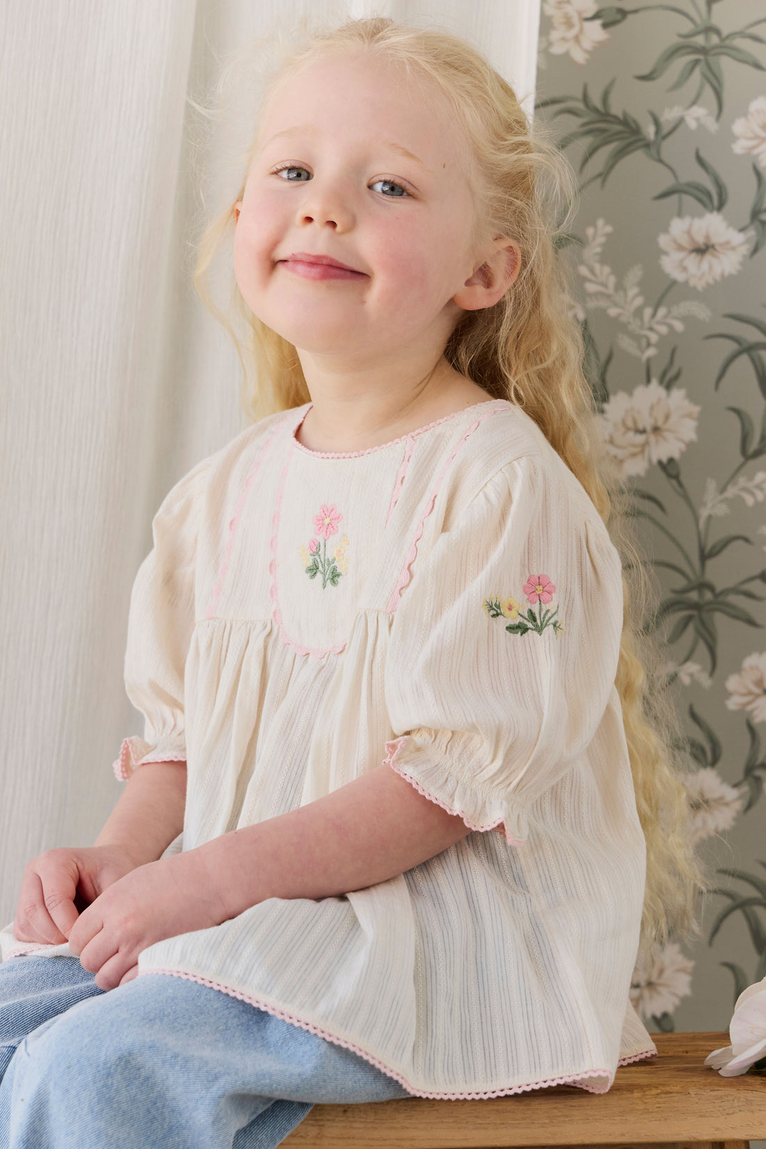 Organic Cotton Whitley Top - Vanilla Embroidery Pink Childrens Top from Jamie Kay NZ