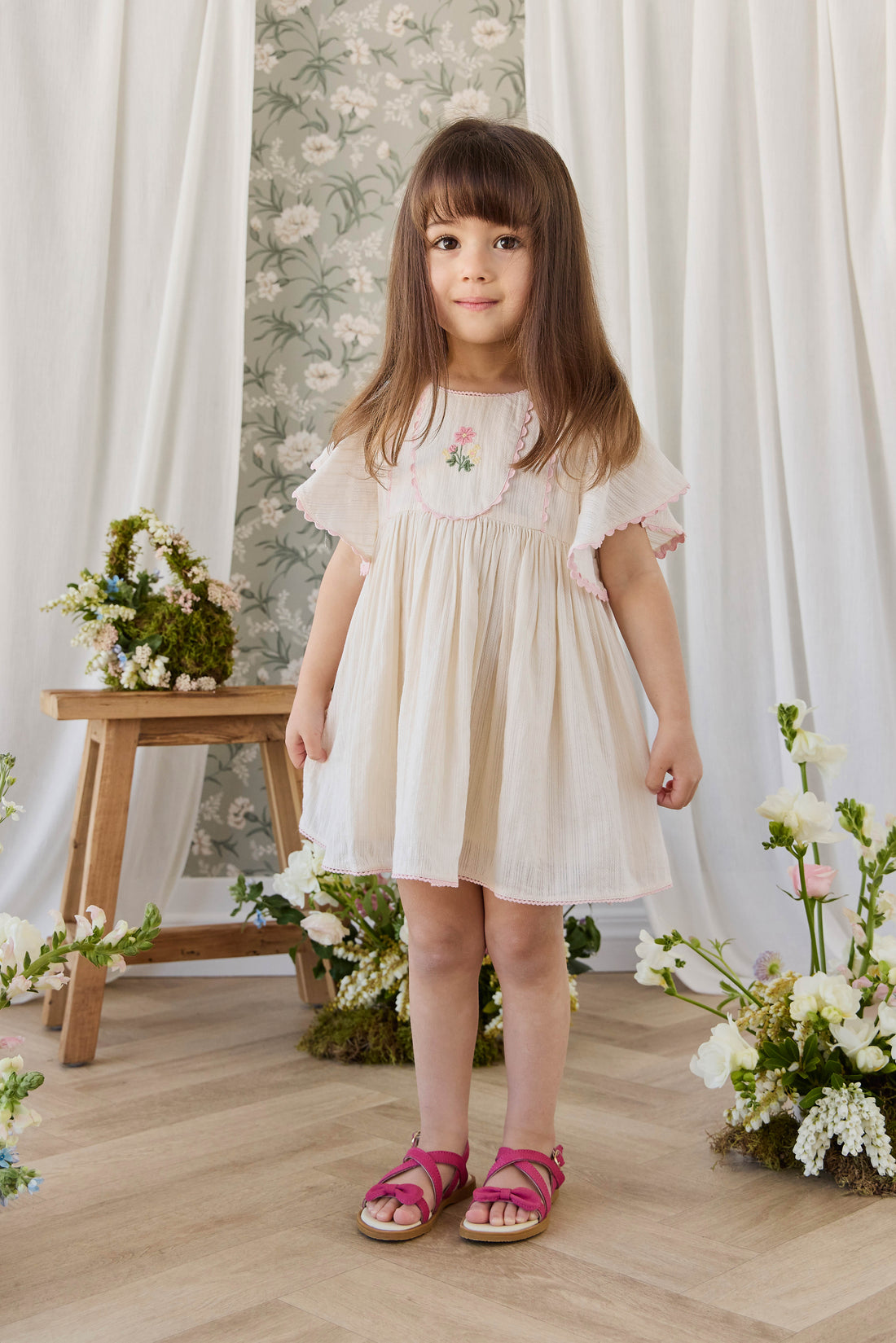 Organic Cotton Zadie Dress - Vanilla Embroidery Pink Childrens Dress from Jamie Kay NZ