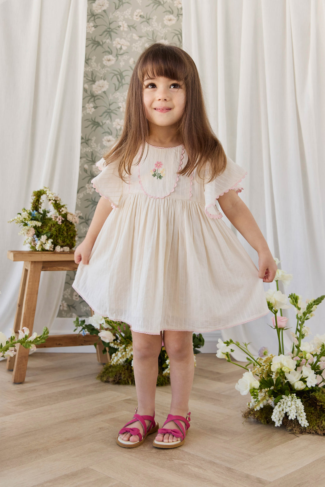 Organic Cotton Zadie Dress - Vanilla Embroidery Pink Childrens Dress from Jamie Kay NZ