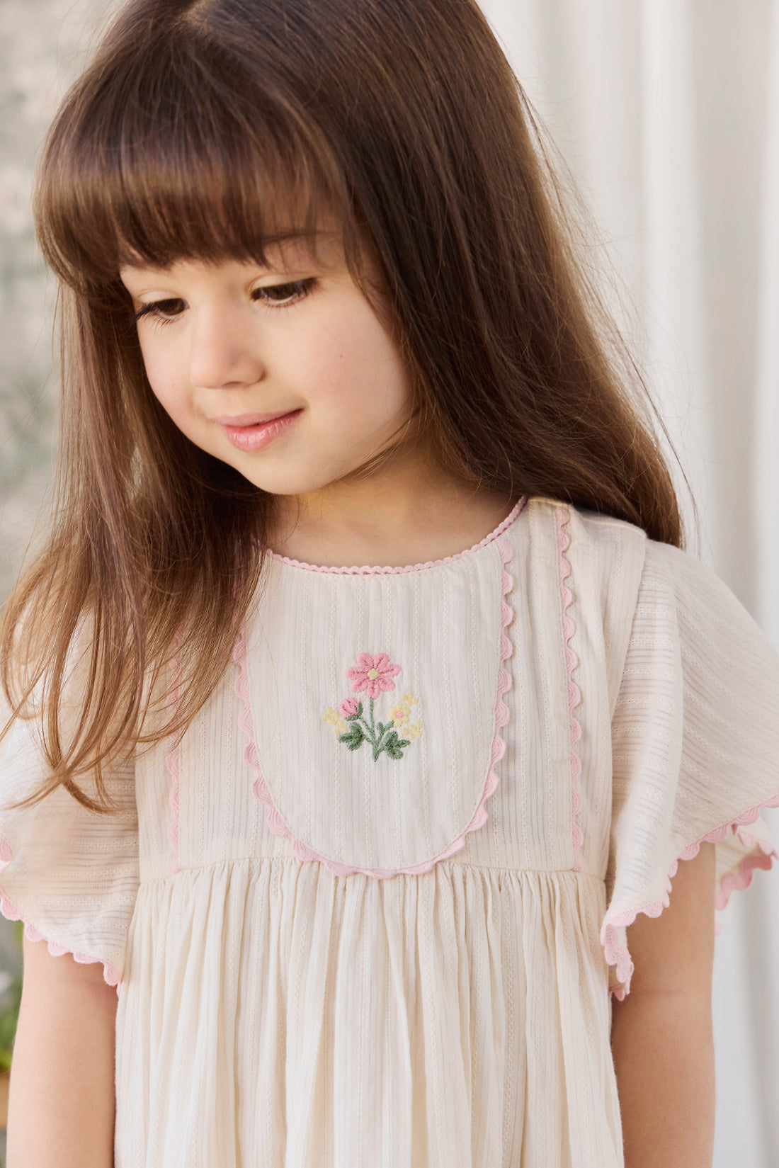 Organic Cotton Zadie Dress - Vanilla Embroidery Pink Childrens Dress from Jamie Kay NZ