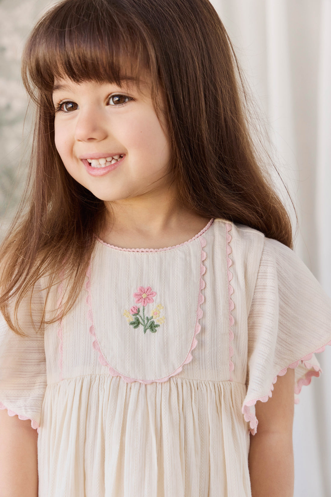 Organic Cotton Zadie Dress - Vanilla Embroidery Pink Childrens Dress from Jamie Kay NZ