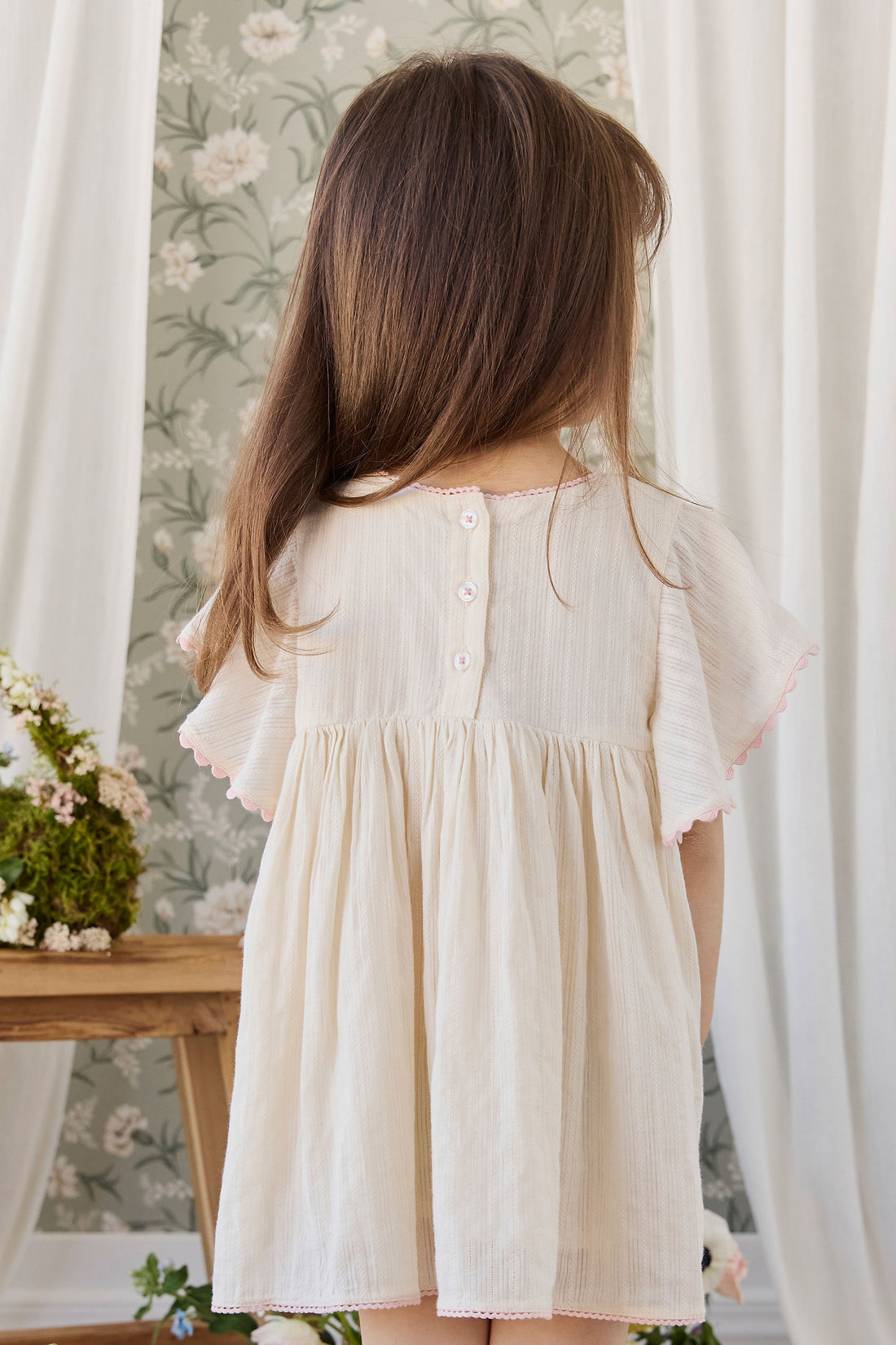 Organic Cotton Zadie Dress - Vanilla Embroidery Pink Childrens Dress from Jamie Kay NZ