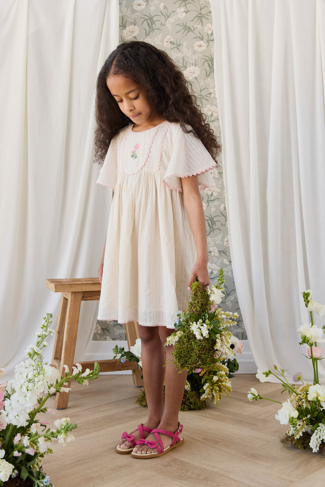 Organic Cotton Zadie Dress - Vanilla Embroidery Pink Childrens Dress from Jamie Kay NZ