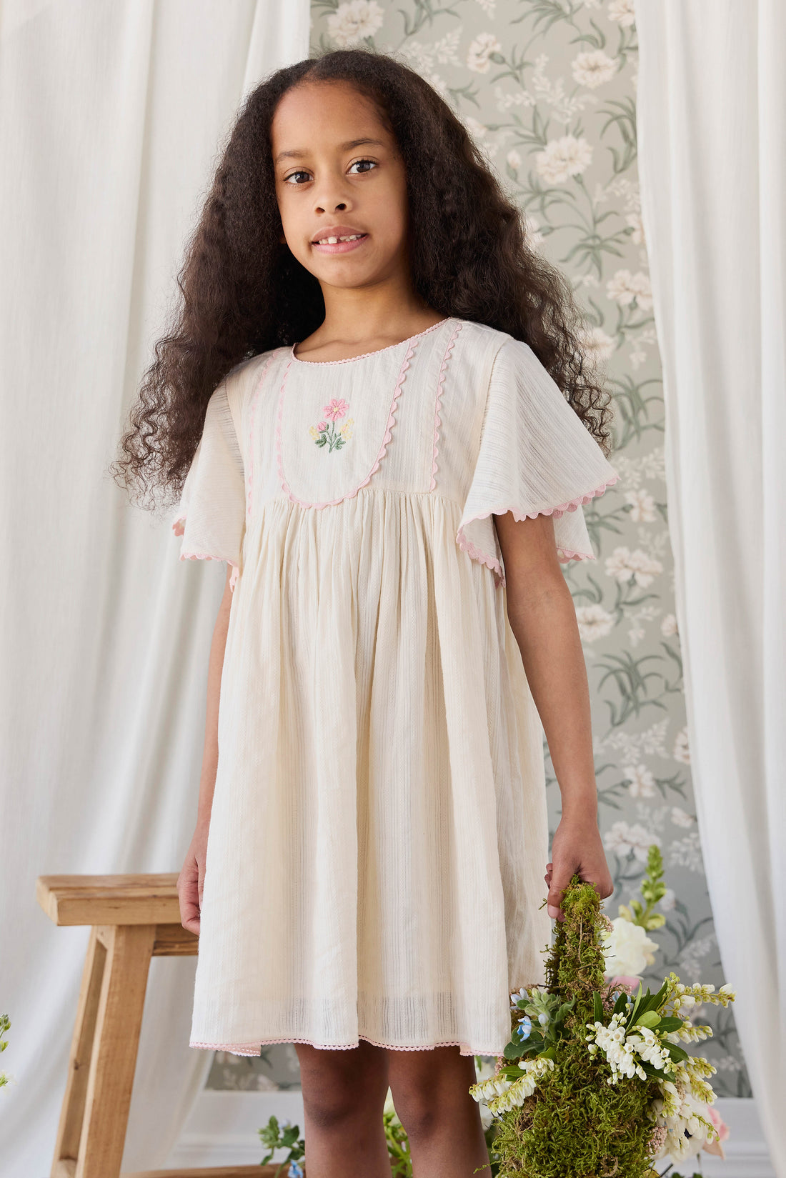 Organic Cotton Zadie Dress - Vanilla Embroidery Pink Childrens Dress from Jamie Kay NZ