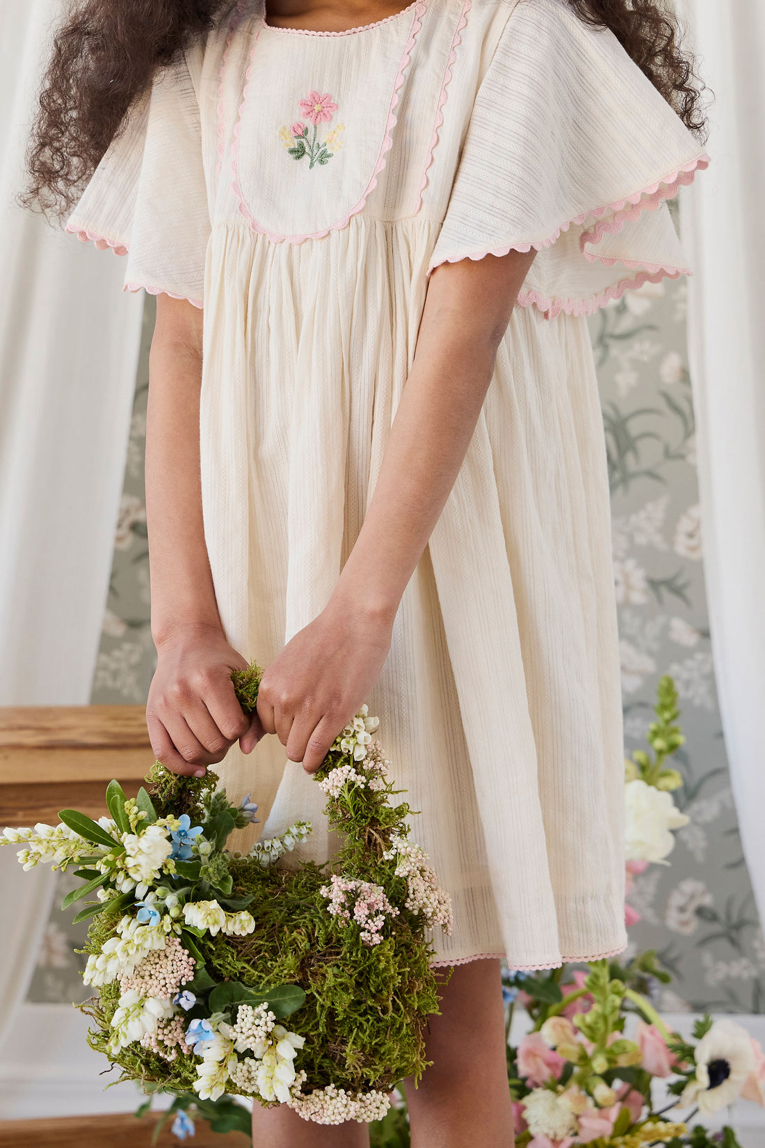Organic Cotton Zadie Dress - Vanilla Embroidery Pink Childrens Dress from Jamie Kay NZ