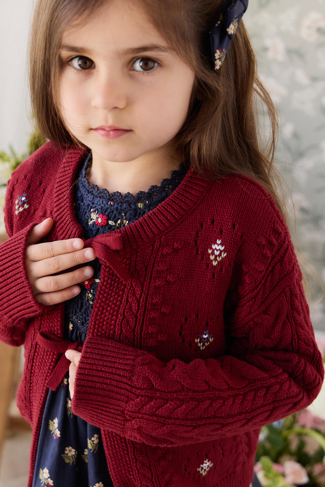 Jovie Knitted Cardigan - Josephine Embroidery Vintage Cherry Childrens Cardigan from Jamie Kay NZ
