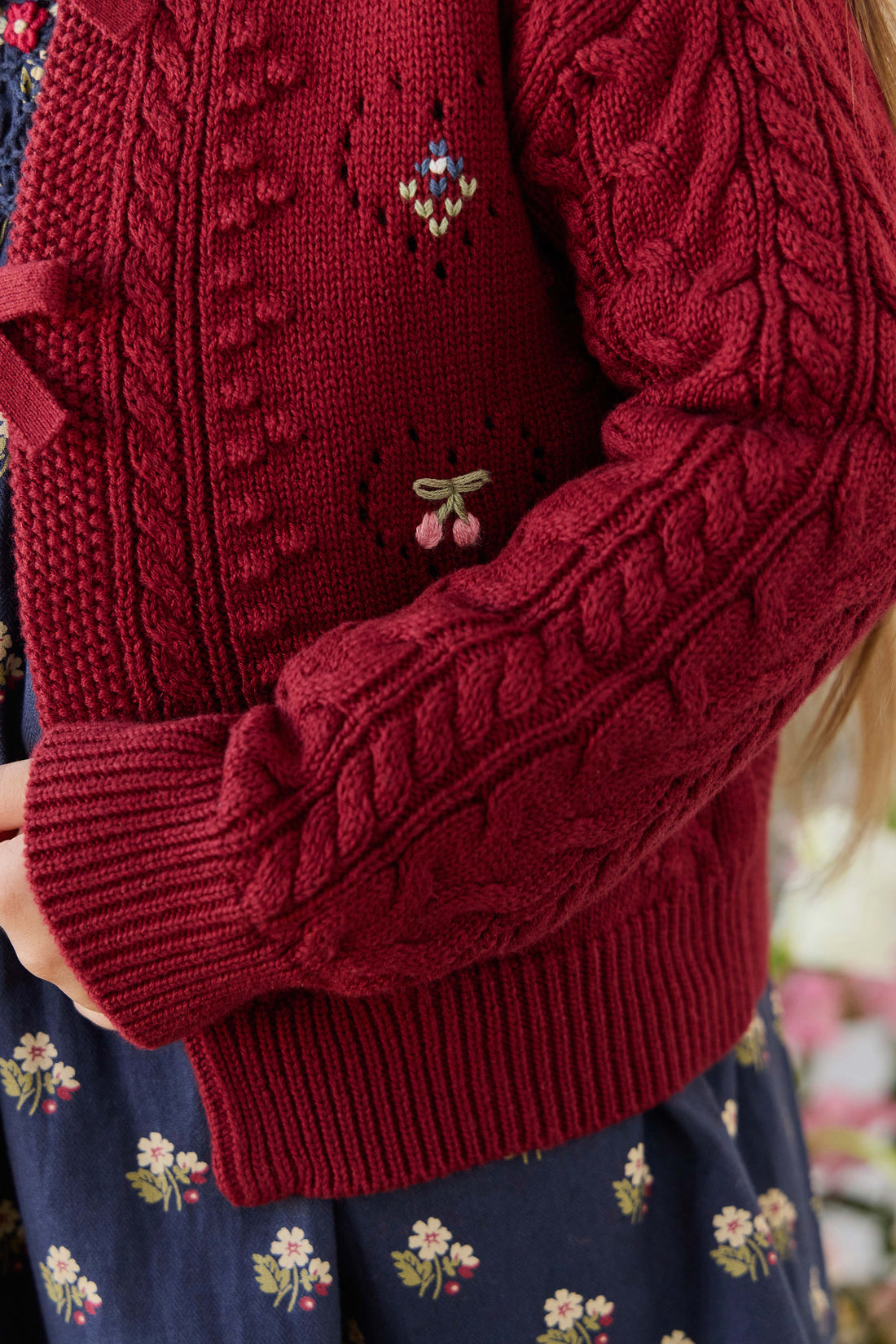Jovie Knitted Cardigan - Josephine Embroidery Vintage Cherry Childrens Cardigan from Jamie Kay NZ