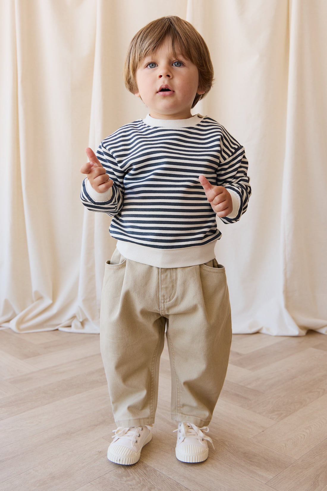 Organic Cotton Peyton Sweatshirt - Slim Stripe Charter/Cloud Childrens Top from Jamie Kay NZ