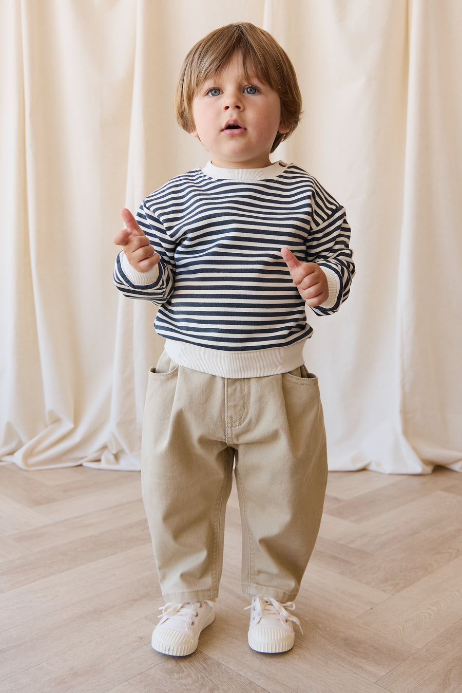 Organic Cotton Peyton Sweatshirt - Slim Stripe Charter/Cloud Childrens Top from Jamie Kay NZ