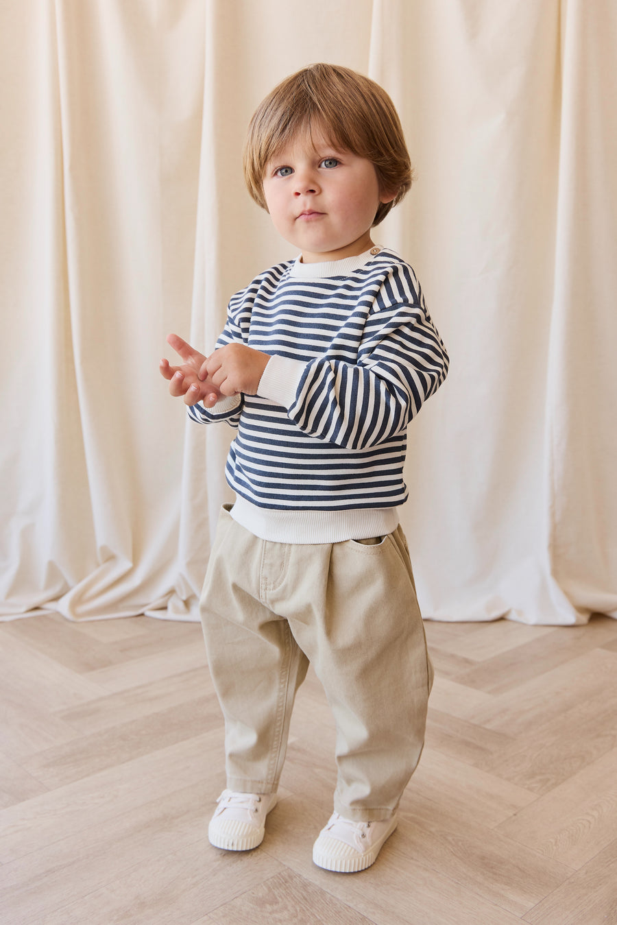 Organic Cotton Peyton Sweatshirt - Slim Stripe Charter/Cloud Childrens Top from Jamie Kay NZ