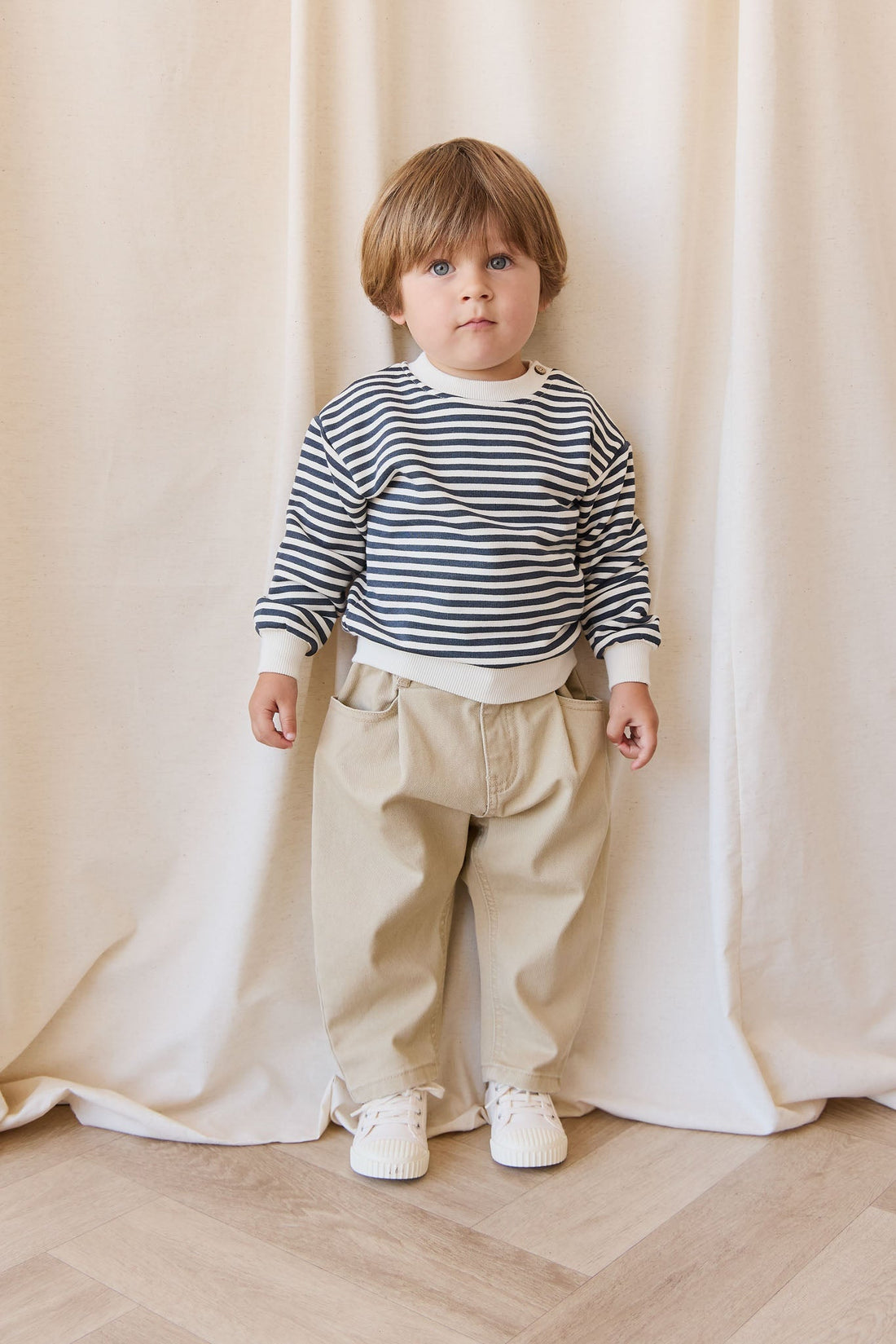 Organic Cotton Peyton Sweatshirt - Slim Stripe Charter/Cloud Childrens Top from Jamie Kay NZ